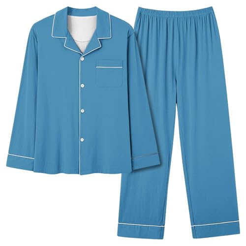 Pyjama long pour femme ensemble deux pièces décontracté en bleu clair taille S avec col en V