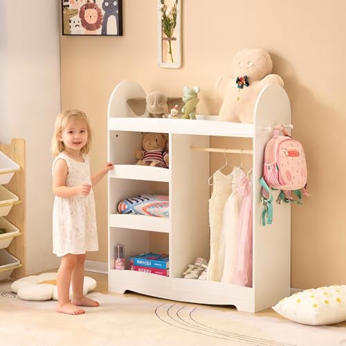 LALAHO Armoire Enfant avec Portant Vêtements Garde-Robe,Dressing penderie Enfant avec 4 Étagères et 3 Crochets(Blanc)
