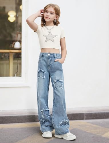 Image of Jeans for Girls Baggy Wide Leg Cute Bow High Elastic Waisted Denim Pants Y2K Boyfriend Skater Streetwear 7-14Y