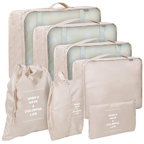 7 Set Packing Cubes for Suitcases,Packing Cubes for Travel Foldable Laundry Bag and Shoe Bag Lightweight Luggage for Women Man (Beige)