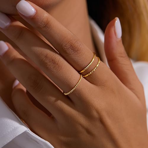 Gold Rings for Women Non Tarnish, Dainty 14K Gold Plated Stackable Thin Thumb Ring Set Trendy Pinky Wedding Bands Engagement Rings for Women Size 6-112