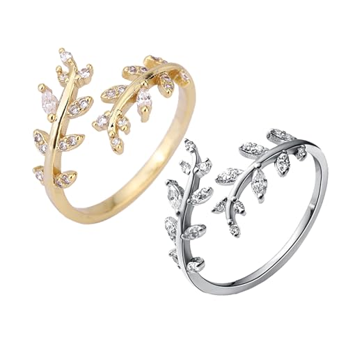 JPSSJGYH Anillo de hojas con diseño creativo, anillos envolventes con hojas, anillos envolventes con hojas de diamantes de imitación, anillo llamativo ajustable con hojas de moda (Silver+Gold)