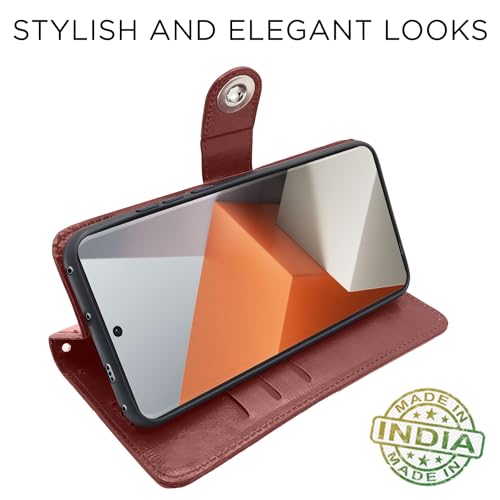 Image of Pikkme Redmi Note 13 Pro Plus 5G Flip Cover Leather Finish | Inside TPU with Card Pockets | Wallet Stand and Shock Proof | Magnetic Closing | Complete Protection Button Flip Case (Brown)