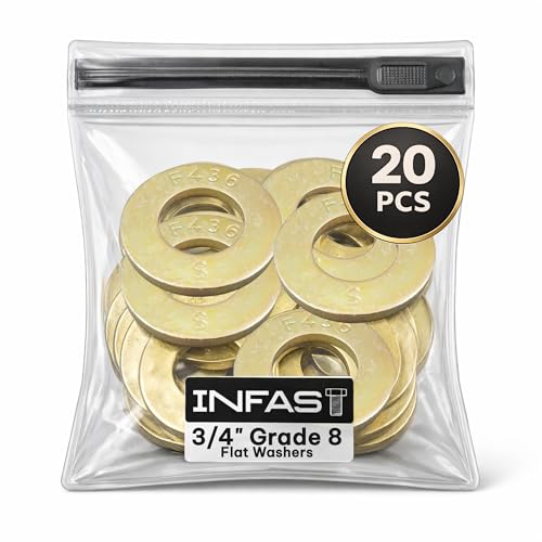 3/4" Grade 8 Flat Washers, Yellow Zinc Plated, ASTM F436 & SAE Compliant, High Strength Steel Hardened Washers for Bolts & Nuts, Heavy Duty Fasteners, Pack of 20