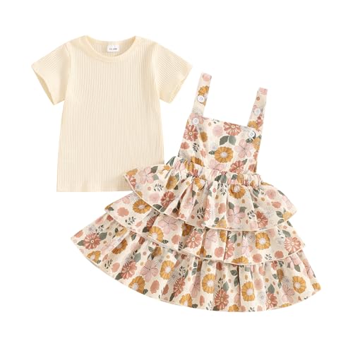 Image of Toddler Baby Girl Summer Clothes Kids Short Sleeve Solid T-Shirt Ruffle Daisy Skirts Overalls Dress Outfit 18M-6T
