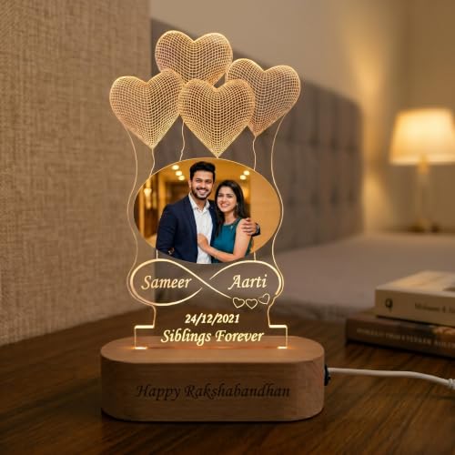 Image of SHAYONAD Acrylic Photo Lamp with Heart Balloons,Custom Couple Night Light with Name & Date,Romantic Anniversary, Wedding, Valentine Gift, Multicolor LED Table Lamp Brother Sister