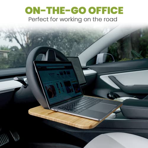 HEYTRIP Bamboo Double-Sided Steering Wheel Tray with Storage Bag, Smooth Finish Steering Wheel Desk for Laptop, iPad or Notebook