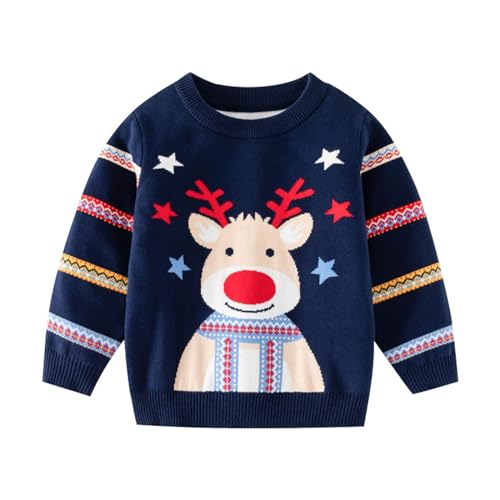 Toddler Christmas Sweater Boys Girls Deer Print Long Sleeve Knitted Pullover Tops Holiday (Navy, 3-4 Years) j747r