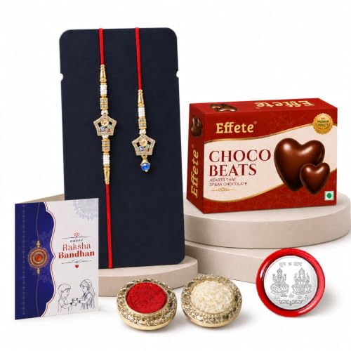 Image of Oblivion Evil Eye Rakhi Set of 2 for Brother with Effete Choco Beats Heart-Shaped Chocolates, Pearl Beads, Roli Chawal, Shagun Coin and Greeting Card - Rakhi Festival Gift Hamper