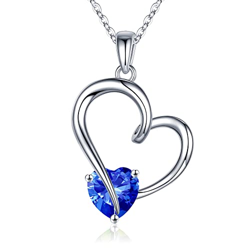 Heart Birthstone Necklace for Women, S925 Sterling Silver September Birthstone Necklace Sapphire Necklace Jewelry Birthday Christmas Valentines Gifts for Women Mom Wife Girlfriend Daughter Teen Girls