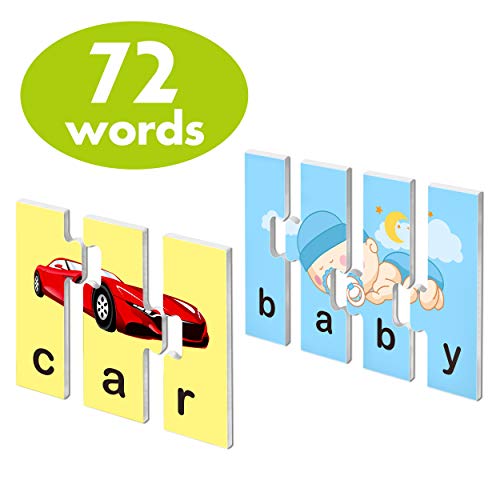 72 Word Spelling Puzzles with Error-Correction Mechanism in 3 and 4 Pieces, Perfect for Preschool Learning (36 Blocks Double Sided)