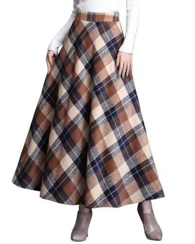 ebossy Women's Vintage High Waist Wool Blend Plaid A-Line Long Maxi Skirt with Pocket (Large, Khaki)