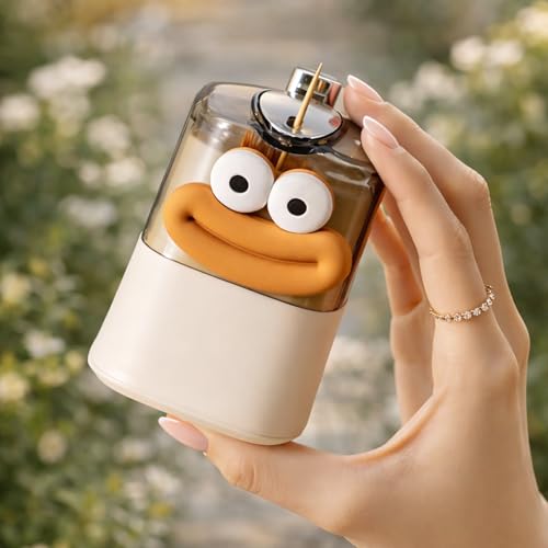 Image of LUXE HOME INTERNATIONAL Cartoon Shape Pop-Up Automatic Toothpick Holder Dispenser Plastic Portable Push Retractable Storage Box For Home Kitchen Restaurant Dining Table 6x6x9 cm Beige Pack Of 1