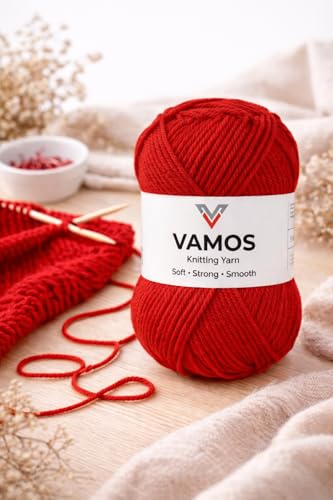 Image of VAMOS Acrylic Hand Knitting & Crochet Yarn - 100g Ball, 4 ply Soft Yarn for Knitting Sweaters, Scarves, Hats, Amigurumi, Babywear & DIY Crafts (Red)