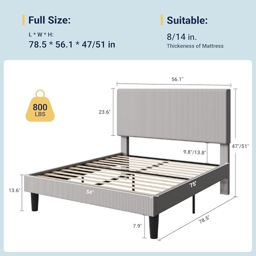Image of Allewie Full Bed Frame, Corduroy Tufted Headboard, Light Grey | Soft Corduroy Fabric, Adjustable Headboard, 800 lb Capacity, Wooden Slats, No Box Spring Needed, Easy Assembly
