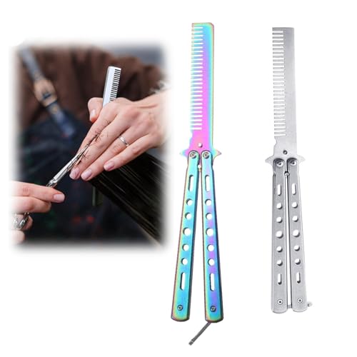 2 Stück Butterfly Kamm,Rainbow Butterfly Messer,Butterfly Schmetterlings Kamm,Edelstahl Faltbarer Taschenkamm Für Haar Barberkamm Haarstyling Zubehör(Silber/Regenbogenfarben)