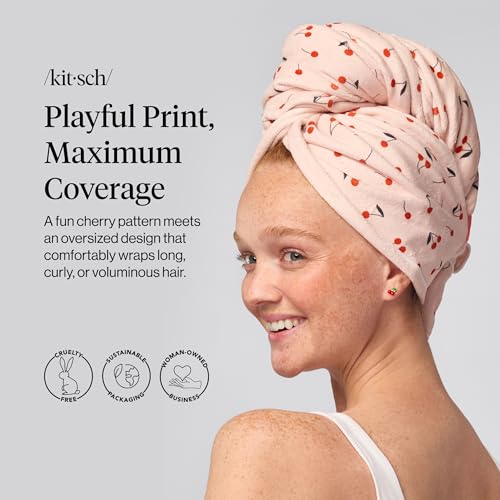 Kitsch XL Microfiber Hair Towel Wrap for Women - Cherry Print - image 2
