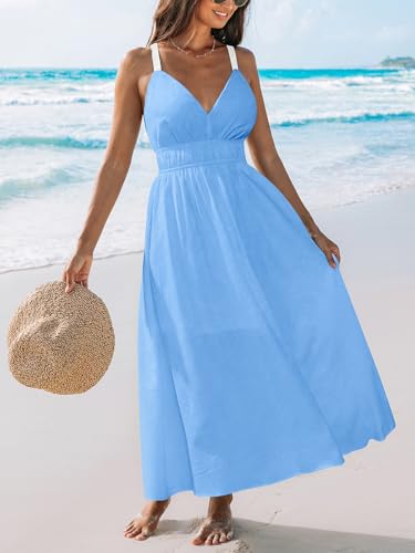 Image of CUPSHE Women 2026 Summer Beach Maxi Dress Plunge V Backless Cami Strape Smocked Waist Sun Dress Long Wedding Guest Dress