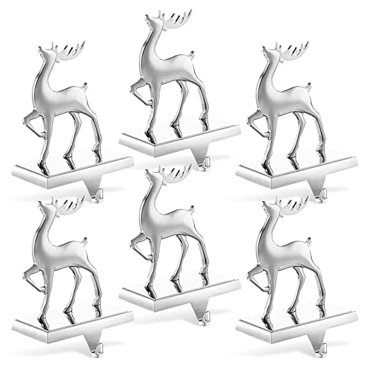 Reindeer Deer Christmas Stocking Holders Stand Silver Heavy Metal 6 Hangers Set Mantle Fireplace Wall Hanging Xmas Home Kitchen Decoration Ornament Table