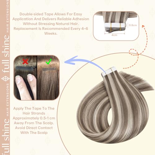 Image of Full Shine Tape Ins Human Hair Extensions, Mushroom Blonde Mix 20 Inch | 50g 20PCS, Seamless Skin Weft Human Hair Tape in Extensions, Invisible Soft Finish Add Length Natural Volume Look
