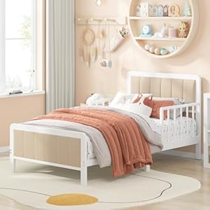 Timy Toddler Bed with Upholstered Bedside, Crib Metal Bed Frame with Safety Guardrails for Boys Girls Toddlers, White