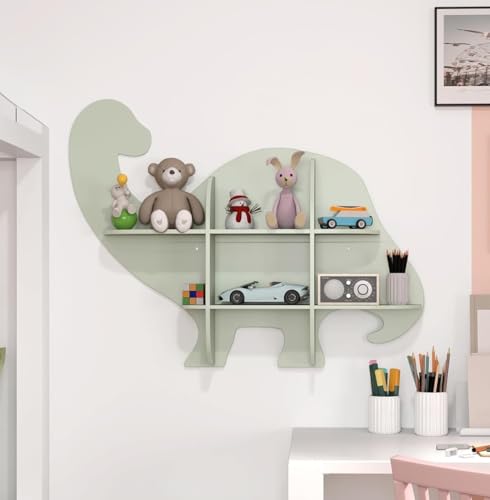 Image of Costzon Dinosaur Wall Mounted Kids Bookshelf, 2 Tier Wooden Nursery Shelves for Toy and Book Storage, Floating Shelves for Wall, Hanging Book Shelf for Kids Rooms, Bedroom, Classroom