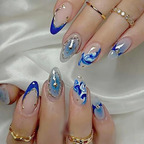 Summer Press on Nails Medium Blue French Tip Fake Nails with Silver Chrome lines Design Star Acrylic Nails Sea Wave Marble Pattern Almond Nails Artificial Glue on Nails for Women Manicure 24Pcs