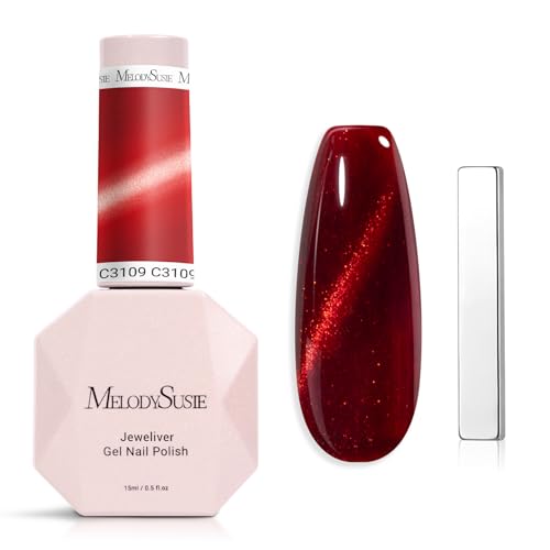 Image of MelodySusie Jeweliver Cat Eye Gel Nail Polish, 0.5 Fl Oz Burgundy Red Glitter Holographic Magnetic Nail Polish with Magnet, UV Nail Polish for Nail Art Manicure Salon DIY at Home C3109