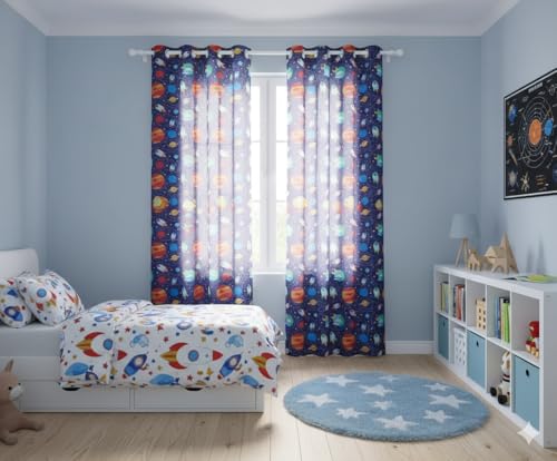 Image of 3D Space Theme Pattern Curtain for Kids Room Curtain 5 feet Set 1 pcs Boys Room Curtain Panel for Play School, Playway Light Filtering Window Panel, 4x5 ft Window Curtain, Blue