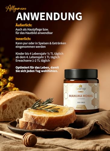 bedrop Manuka Honig mit MGO 500+ XXL Glas - 100% echter Premium Manukahonig aus Neuseeland mit zertifiziertem Methylglyoxal Gehalt (Analyse-Zertifikat) - 140g