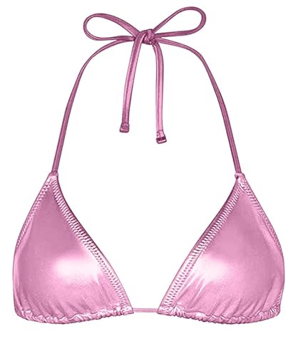 Women's Metallic Bikini Top - Halter Shiny Triangle Bralette Rave Tops Tie Side Swimsuit Bra(051Top,Pink,L) - Image 2