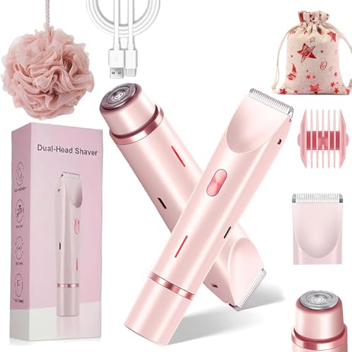 Elunara Shaver Elunara Intimate Glide Pro 2 in 1 Dual Head Razor Women Ipx7 Waterproof Wet and Dry Use Electric Bikini Trimmer for Bikini Legs Face Underarm Arm (Pink)