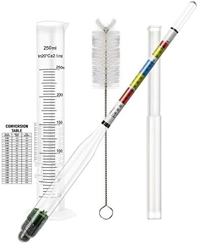 Hydrometer and Test Jar for Wine, Beer and Kombucha - Including 250ml Plastic Cylinder, Cleaning Brush and ABV Storage Bag