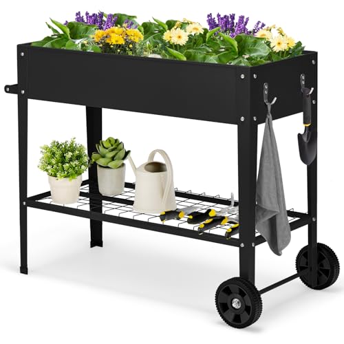 COSTWAY Hochbeet mit Ablage & 2 Rollen, Erhöhtes Gartenbeet Metall, Pflanzkasten mit Haken & Griff, Gemüsebeet Kräuterbeet groß, für Balkon Garten Terrasse, 95 x 40 x 80 cm (Schwarz)