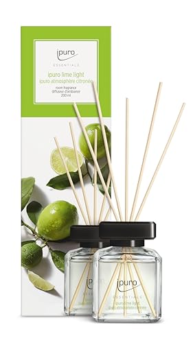 ipuro - Essentials Raumduft LIME LIGHT 200ml | Raumerfrischer mit Zitronengras Bergamotte Orange Geranie Maiglöckchen & Vanilleblumen Duft Aroma | Diffuser mit Stäbchen | Lufterfrischer Wohnung
