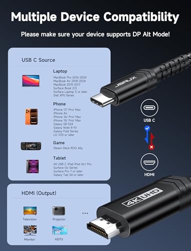 Image of JSAUX USB C to HDMI Cable 10ft | 4K@60Hz | USB 3.1 Type C to HDMI 2.0 Cord for Home Office, (Thunderbolt 3 /4 Compatible) with iPhone 16 Pro Max, MacBook Pro /Air, Galaxy S8 to S24, iPad Pro, iMac-Black