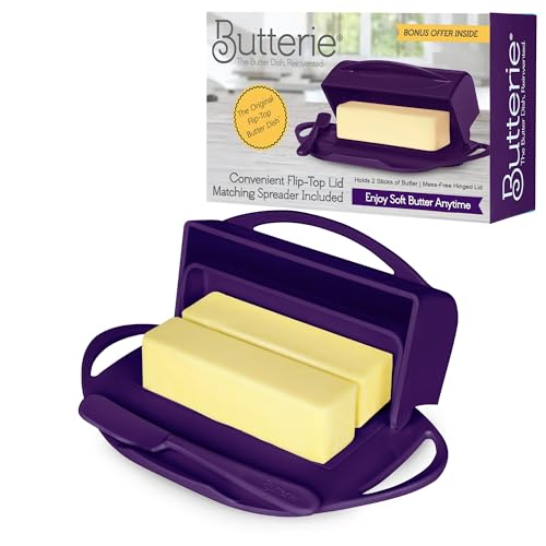 Image of Butterie Flip Top Butter Dish, Purple | Attached Lid & Matching Knife, Holds 2 Sticks, Fits Kerrygold /European Butter, BPA Free & Dishwasher Safe
