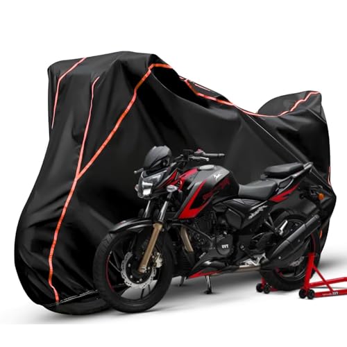 Image of Waterproof Bike Body Cover Compatible with Yamaha Apache RTR 200 Dustproof Scratchproof - Motorcycle Cover for Two Wheeler, Outdoor Full Cover with UV, Duty, Rain Protection (Black & Red) R1