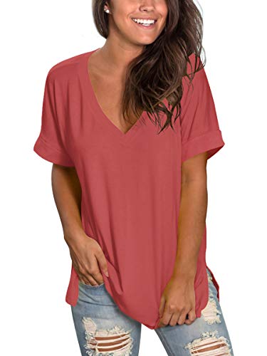 Image of Sampeel Women's V Neck T Shirts Casual Rolled Short Sleeve Side Split Summer Tops Loose Fit
