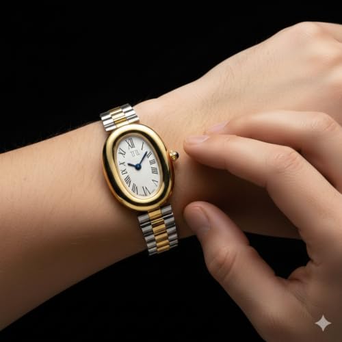 Image of Elliora Women's Dual Tone Gold & Silver Luxury Oval Watch | Stainless Steel Bracelet | Waterproof Fashion Watch for Women - 32mm Dial