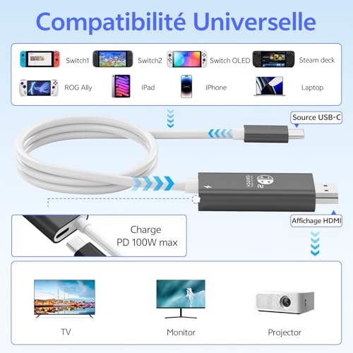 Câble USB-C vers HDMI 2m pour écran externe Switch 2 et Mac