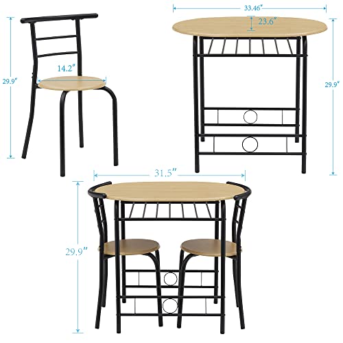 Image of VECELO 3 Piece Small Round Dining Table Set for Kitchen Breakfast Nook, Wood Grain Tabletop with Wine Storage Rack, Save Space, Natural & Black