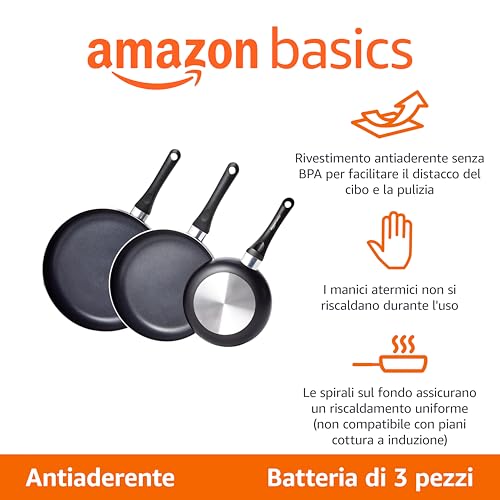 Amazon Basics Set di 3 padelle antiaderenti in ceramica, 20,3 cm, 25,4 cm e 30,5 cm, colore nero - Immagine 1