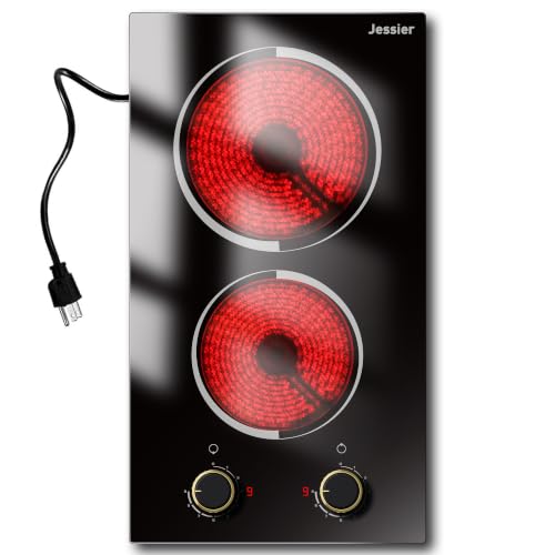 Image of 2 Burner Electric Cooktop - 12 Inch Plug in 110V Electric Cook Top Two Burner, Built-in & Countertop Ceramic Stove Top with Knob Control, 9 Power Levels and Overheat Protection (Golden Knob)