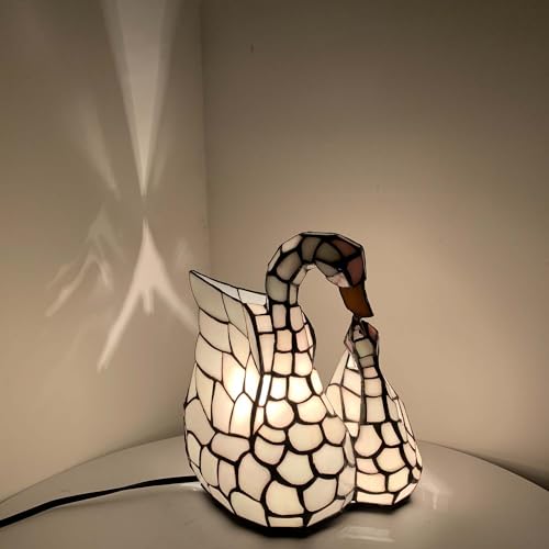 Bieye L10773 White Swans Tiffany Style Stained Glass Accent Table Lamp Night Light for Bedside Living Room Office Bedroom Animal Pet Lover, 11 inches Tall, White