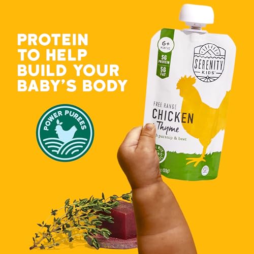 Image of Serenity Kids Baby Food Pouches, Chicken & Thyme, No Added Sugar, 3.5 Oz | Protein-Forward Baby Puree, Real Meat Chicken Baby Food Meat Pouches Toddler, Veggie-First, Organic Toddler Food