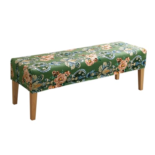 Image of HOKIPO Premium Printed Velvet Elastic Dining Bench Cover, Green Victorian Garden (AR-5798-D4)