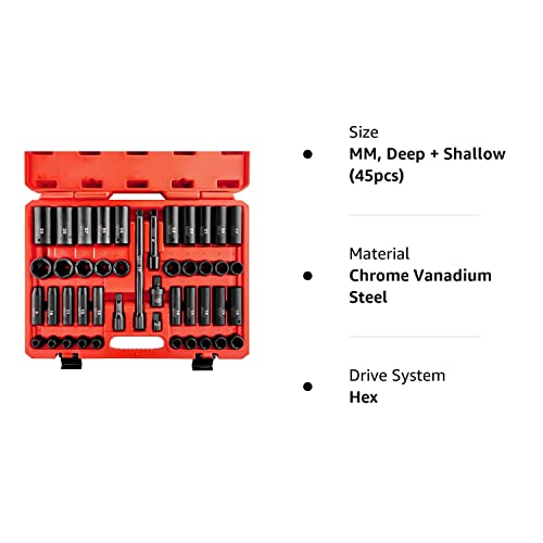 image for NEIKO 02330A 1/2 Impact Socket Set, 45 Piece Deep and Shallow Assortme