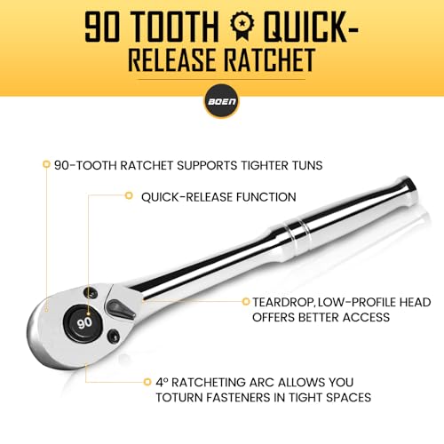 Image of boen 1 /4-Inch Drive Ratchet, 90-Tooth Quick-Release Ratchet Wrench, 4-Degree Swing, Reversible, Chrome Alloy Made, Full Polished (Pack of 2)