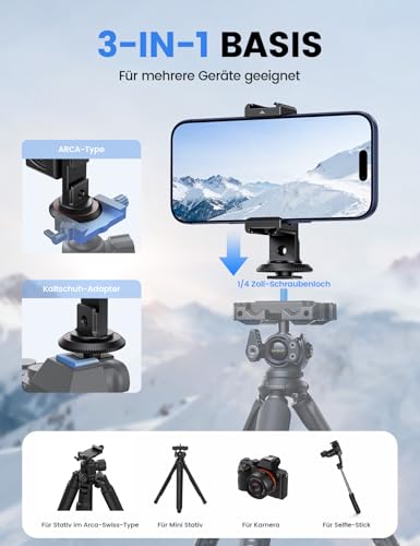 Lamicall 3-IN-1 Handyhalterung Stativ Adapter - [TOP Voll-Alu-Legierung] Metall Handy Halterung Stativ mit 1/4''-Schraubenloch/Kaltschuh/ARCA-Type, 360° Smartphone Stativhalterung für Tripod, Kamera 2